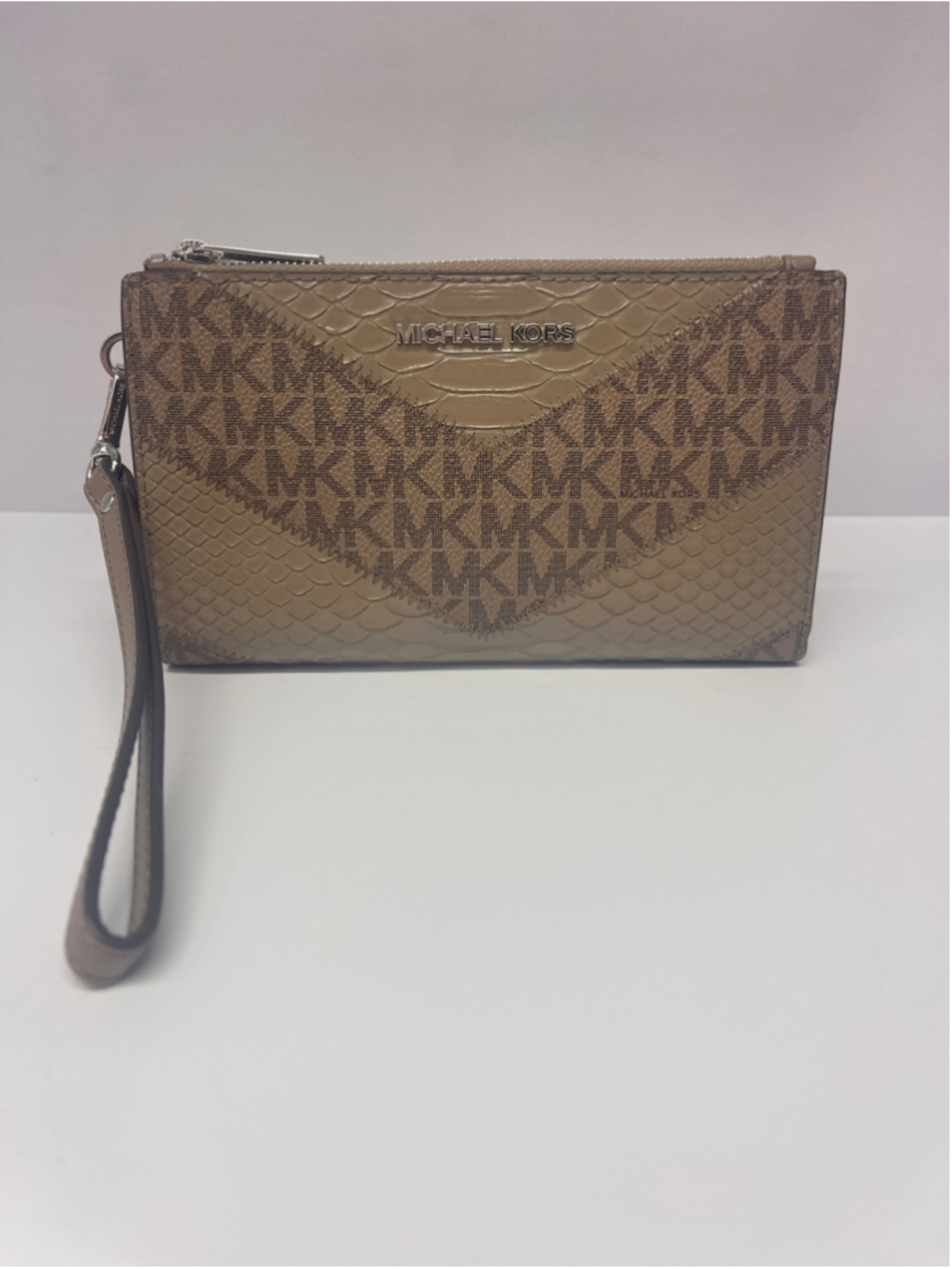 Michael Kors Double Zip Wallet Wristlet MK Logo Snake Embossed Husk Multi